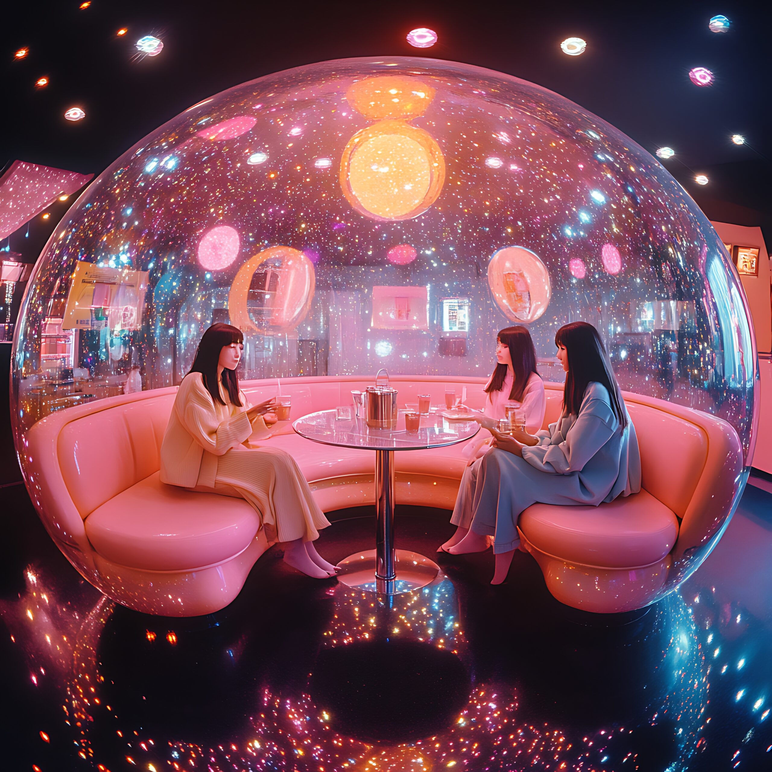 three-young-women-sit-pink-booth-with-clear-dome-ceiling-surrounded-by-twinkling-lights-scaled.jpg